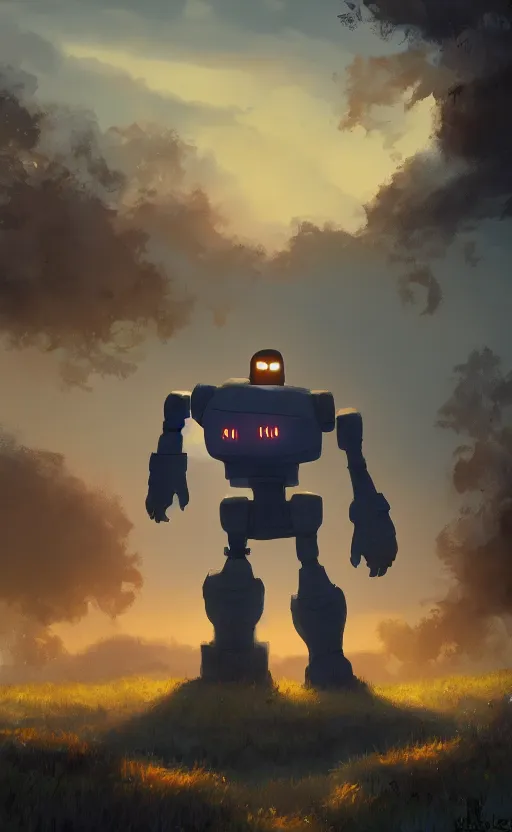 Image similar to iron giant standing near his farm, dynamic lighting, photorealistic fantasy concept art, trending on art station, stunning visuals, creative, cinematic, ultra detailed