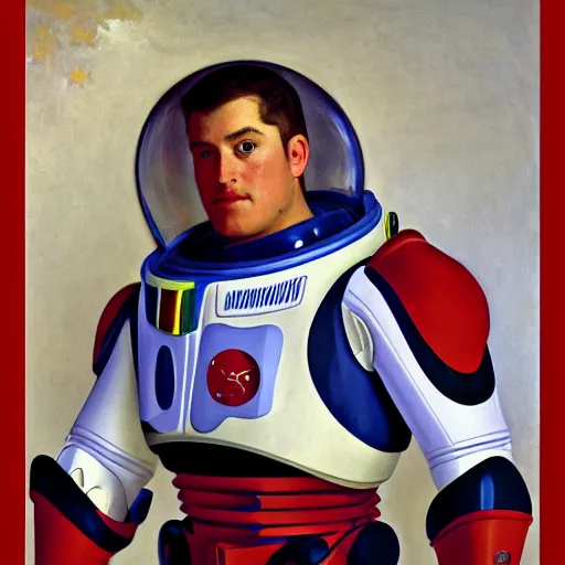 Prompt: studio portrait of buzz lightyear. in a red communist space suit with communist symbols. symmetry. intricate details. 8 k. artistic light. art by john singer sargent - adolphe bouguereau - ralph mc quarrie