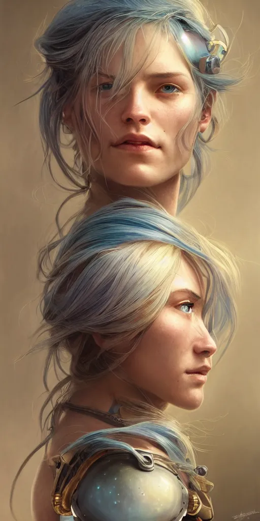 Image similar to portrait of a young ruggedly beautiful but joyful cyborg, female, femenine, upper body, aquamarine color hair, long hair, d & d, fantasy, piercing eyes, intricate, elegant, highly detailed, digital painting, artstation, concept art, matte, sharp focus, illustration, art by artgerm and greg rutkowski and alphonse mucha