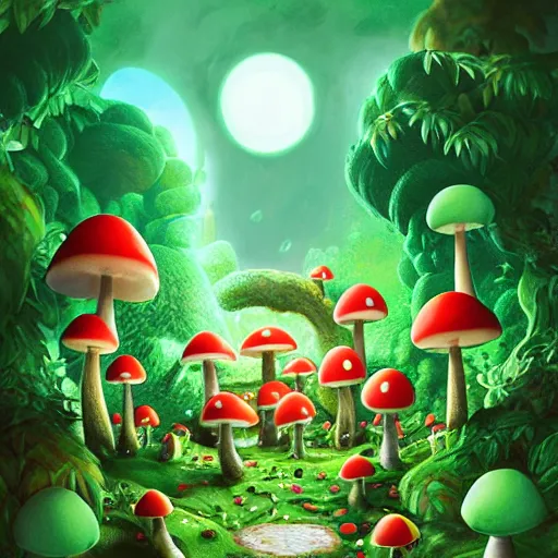 Image similar to mushroom kingdom from mario, digital art, giant green and white spotted mushrooms, at night, exotic flowers and plants, sprites, irina french, heraldo ortega, mandy jurgens trending on artstation 8 k 1 5 0 mpx