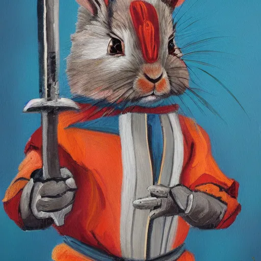 Image similar to rabbit - warrior swordman, brush strokes, oil painting