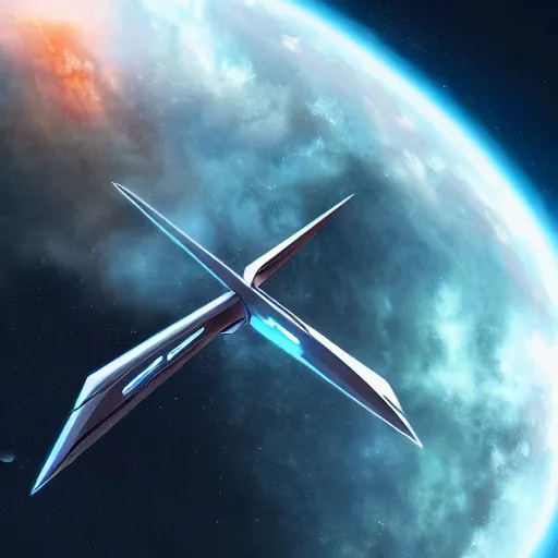 Image similar to a starship flying through space, star trek, 8 k, highly detailed, science fiction scene, artstation