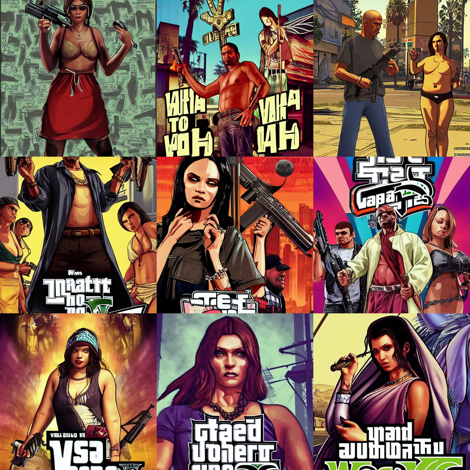 Prompt: waria, nemesis of virgin mary, as a street thug, gta 5 cover art