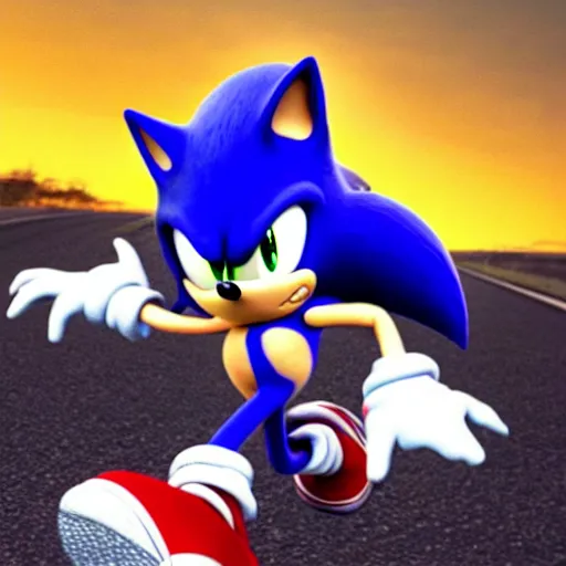 Image similar to realistic sonic running down a highway high quality