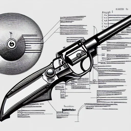 Image similar to a full page schematic diagram illustration of a revolver, ultra detailed, 4 k, intricate, encyclopedia illustration, fine inking lines