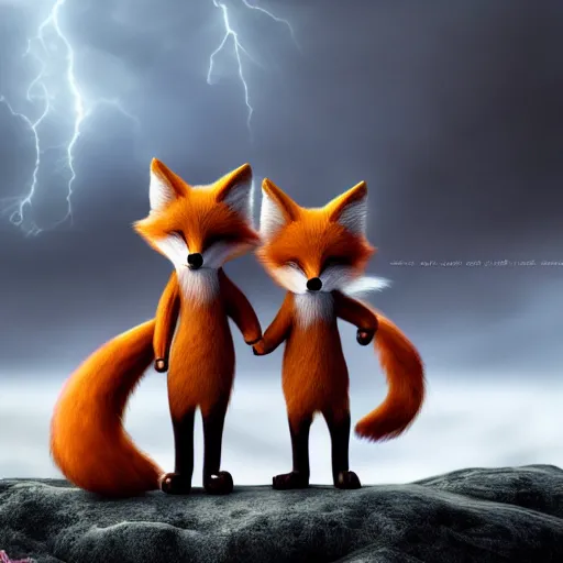 Prompt: my little everything, happy brave magical cuteness, fantasy fox love, foxes holding hands side by side in the scary stormy sea,, hyper - realism, 8 k octane render