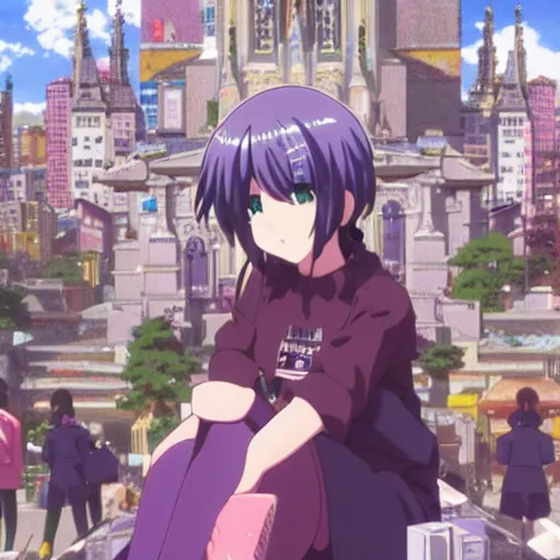 Prompt: Key Anime Visual a macro anime girl sitting on a miniature cathedral, surrounded by a massive miniature crowd, official modern anime