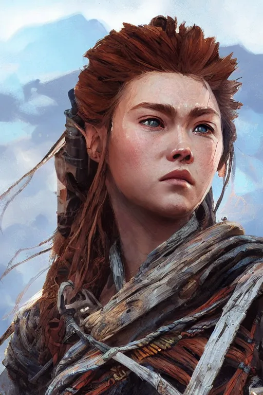 Image similar to aloy from horizon : forbidden west. digital painting by jeremy man and greg rutkowski, closeup portrait. shallow depth of field field.