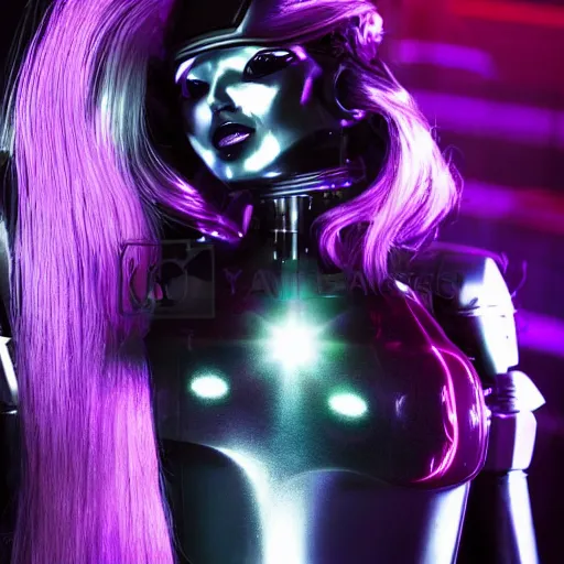 Prompt: a beautiful and seductive robot android woman with long flowing hair and bright makeup sings on stage in a dimly lit futuristic nightclub. twilight zone, dark city inspired realistic gritty award winning photographic portrait single point lighting