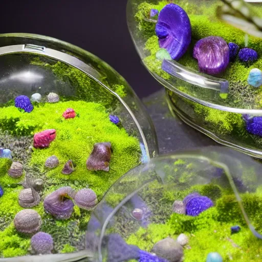 Image similar to alien planet, lush with fluorescent mushrooms encapsulated in a terrarium, high detail, photorealistic