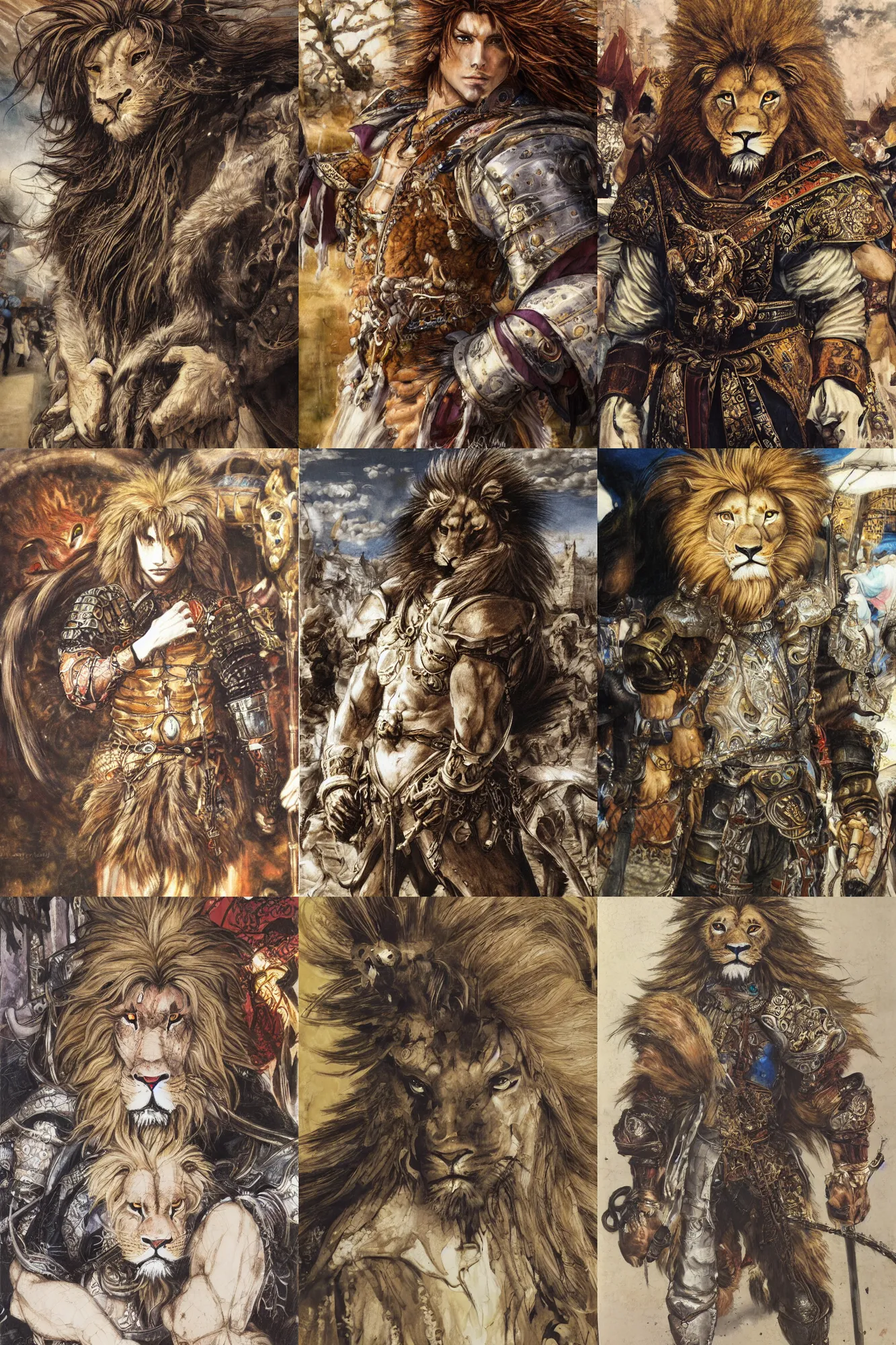 Image similar to 8 k yoshitaka amano painting of upper body of a young cool looking lion beastman with white mane at a medieval market at windy day. depth of field. he is wearing complex fantasy clothing. he has huge paws. renaissance style lighting.