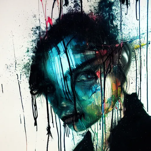 Image similar to i live in vr cyber dreams, glitchcore wires, machines, by jeremy mann, francis bacon and agnes cecile, and dave mckean ink drips, paint smears, digital glitches glitchart