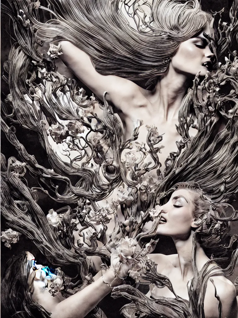 Image similar to fragrance advertising campaign by bernie wrightson, highly detailed