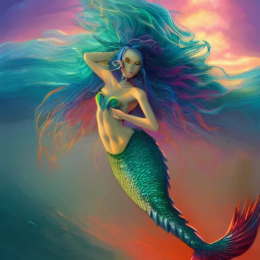 Prompt: a beautiful stunning interesting detailed fantasy whimsical matte digital illustration of a mermaid with blue-green hair, yellow-orange and red-violet spectacular sunset, in the style of Ross Tran and Marc Simonetti, magic the gathering, trending on artstation hq, contest winner