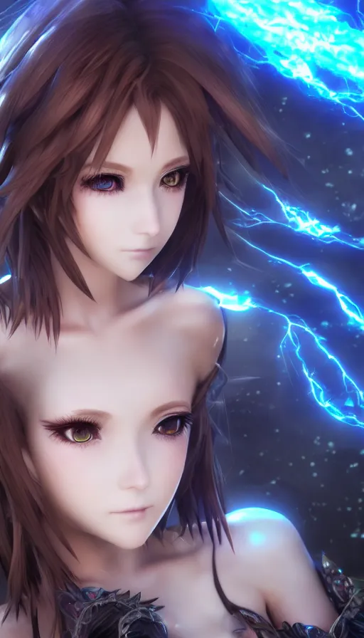 Image similar to render as a very beautiful 3d anime woman with short brown hair, heterochromia, blue eye and green eye, mage final fantasy oufit, heavy makeup, short smile, cinematic lightning, highly detailed, trending on Artstation, Unreal Engine 4k, cinematic wallpaper