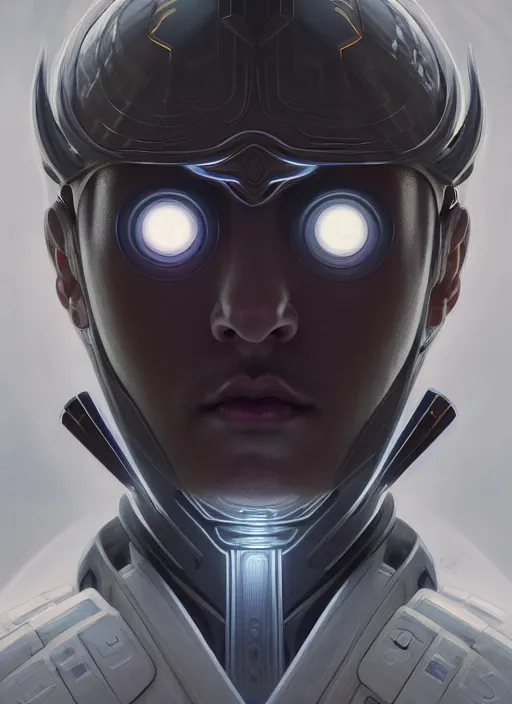 Image similar to symmetry!! portrait of futuristic samurai, sci - fi, tech wear, intricate, elegant, highly detailed, hyperrealistic, digital painting, artstation, cinematic lighting, concept art, smooth, sharp focus, illustration, art by artgerm and greg rutkowski and alphonse mucha, 8 k