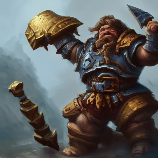 Prompt: dwarf in heavy armor holding a large warhammer and riding a boar mount, highly detailed, digital painting, artstation, concept art, matte, sharp focus, illustration, hearthstone