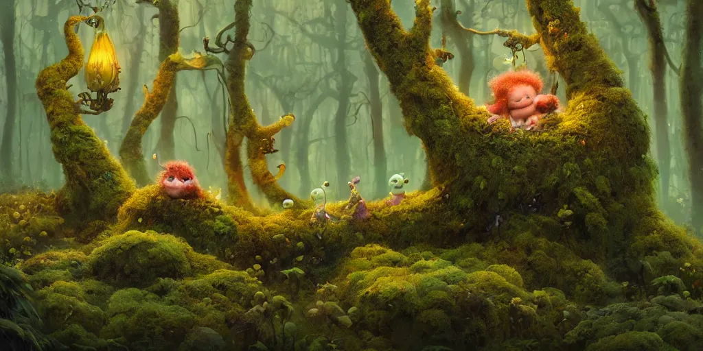 Image similar to a surreal bioluminescent, very very very cute hairy mossy forest troll in a happy forest world by daniel merriam, trending on artstation, oil on canvas by elena zhurikhina and goro fujita and charlie bowater, octane render, 4 k, 8 k, hd