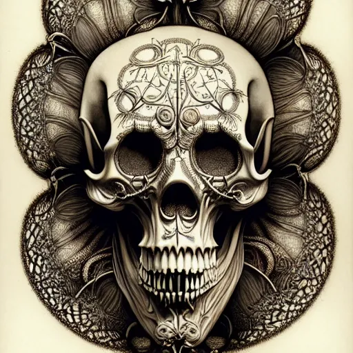 Image similar to art forms of nature by ernst haeckel, memento mori by arthur rackham, ornate antique porcelain beautiful skull mask, ultrasharp, photorealistic, hyperdetailed, octane render, polished, art nouveau, neo - gothic, gothic, intricate ornamental organic filigree, art nouveau botanicals, art forms of nature by ernst haeckel, horizontal symmetry, symbolist, visionary