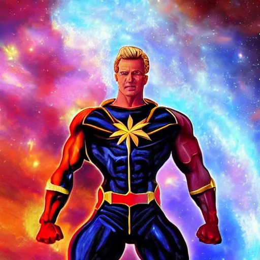 Image similar to body builder captain marvel, artstation hall of fame gallery, editors choice, #1 digital painting of all time, most beautiful image ever created, emotionally evocative, greatest art ever made, lifetime achievement magnum opus masterpiece, the most amazing breathtaking image with the deepest message ever painted, a thing of beauty beyond imagination or words