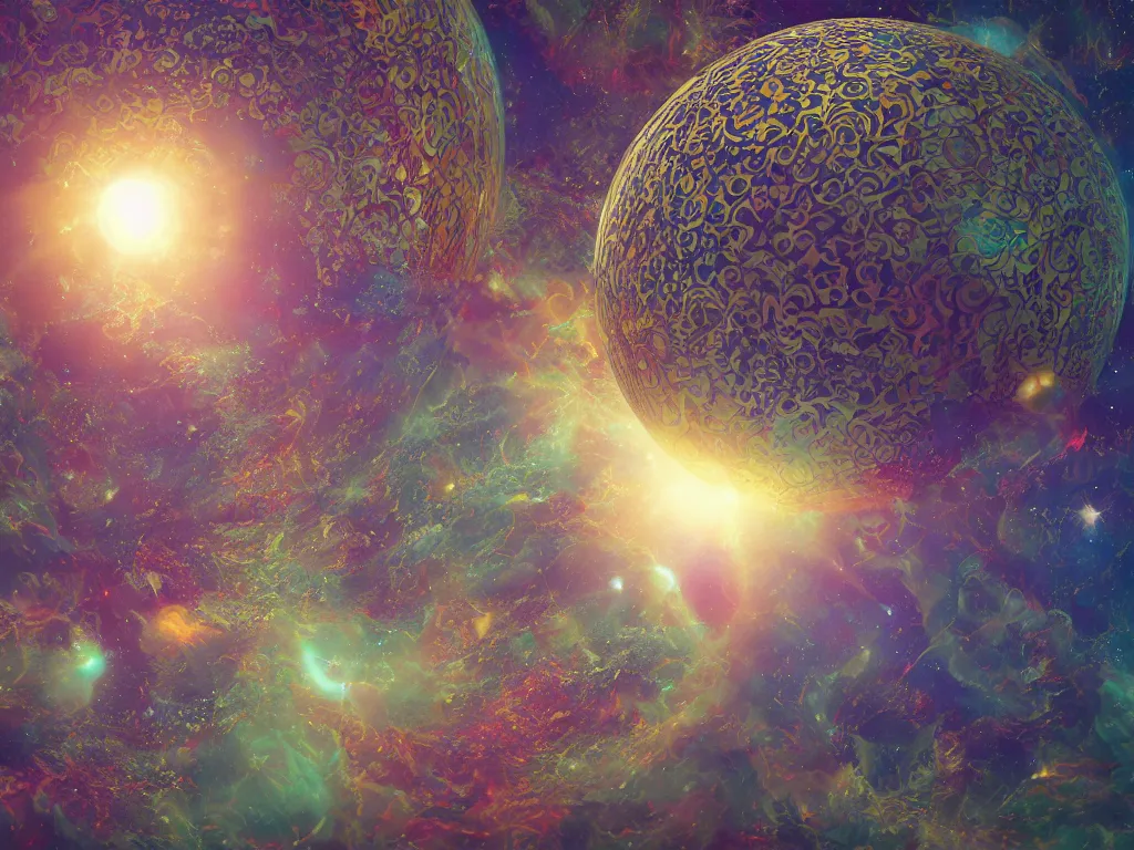 Image similar to 3 d render, sunlight study, the universe is a spheroid region 7 0 5 meters in diameter, art nouveau, by hans zatzka and ( ( ( ( ( lisa frank ) ) ) ) ), 8 k, sharp focus, octane render