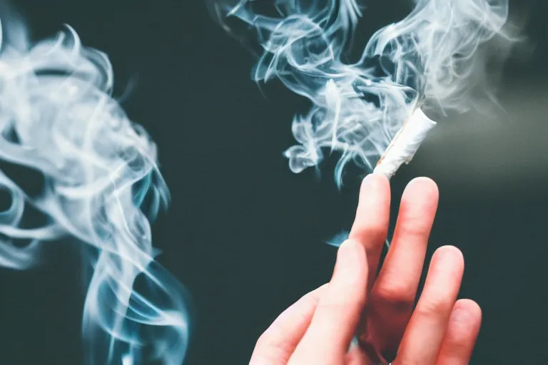 Image similar to Close-up of thin soft hand holding cigarette in fingers, with smoke, hyper realistic, high details, photo, super resolution