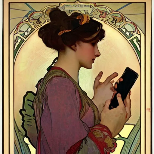 Image similar to a beautiful portrait of a woman hypnotially entranced by her iphone. highly detailed face. art by alphonse mucha and alphonse mucha and alfons mucha