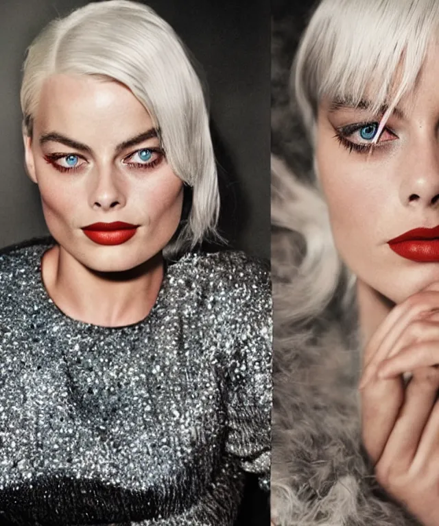 Image similar to a color photograph of margot robbie, by diane arbus, platinum blond, intense, bold, exaggerated, ultra sharp, extra details, ultra high quality, trending on pinteresst