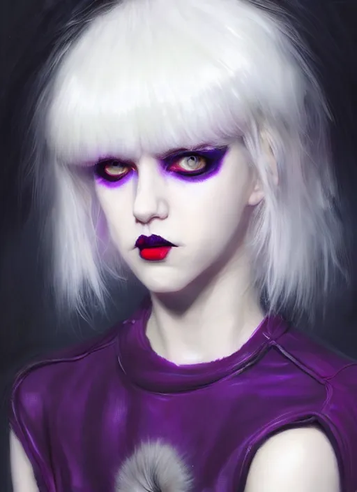 Image similar to portrait of white teenage girl, normal face, white bangs, mall goth, cyberlox, black and white hair, bangs, fluffy bangs, red contact lenses, purple lipstick, intricate, elegant, highly detailed, digital painting, artstation, concept art, sharp focus, smooth, illustration, art by wlop, mars ravelo and greg rutkowski