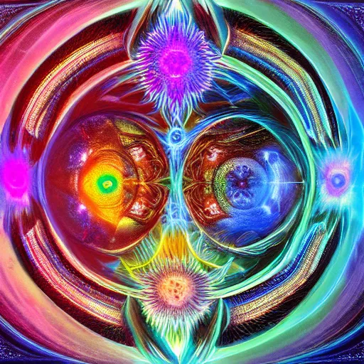 Prompt: hallucionational imaginery spirits, gaia, jesus, xray art, shaman mystic visions, symmetrical, in the style of pablo amaringo, alex grey, psychedelic, beautiful, imaginative, octane render