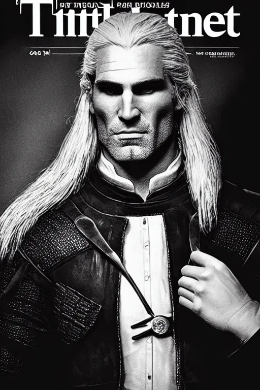Prompt: portrait of geralt of rivia wearing a tuxedo, 5 5 mm lens, professional photograph, black and white, times magazine, serious