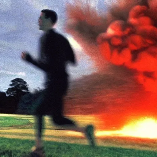 Image similar to cctv footage of a man running across a field, in the background is a large explosion, highly detailed, very realistic.