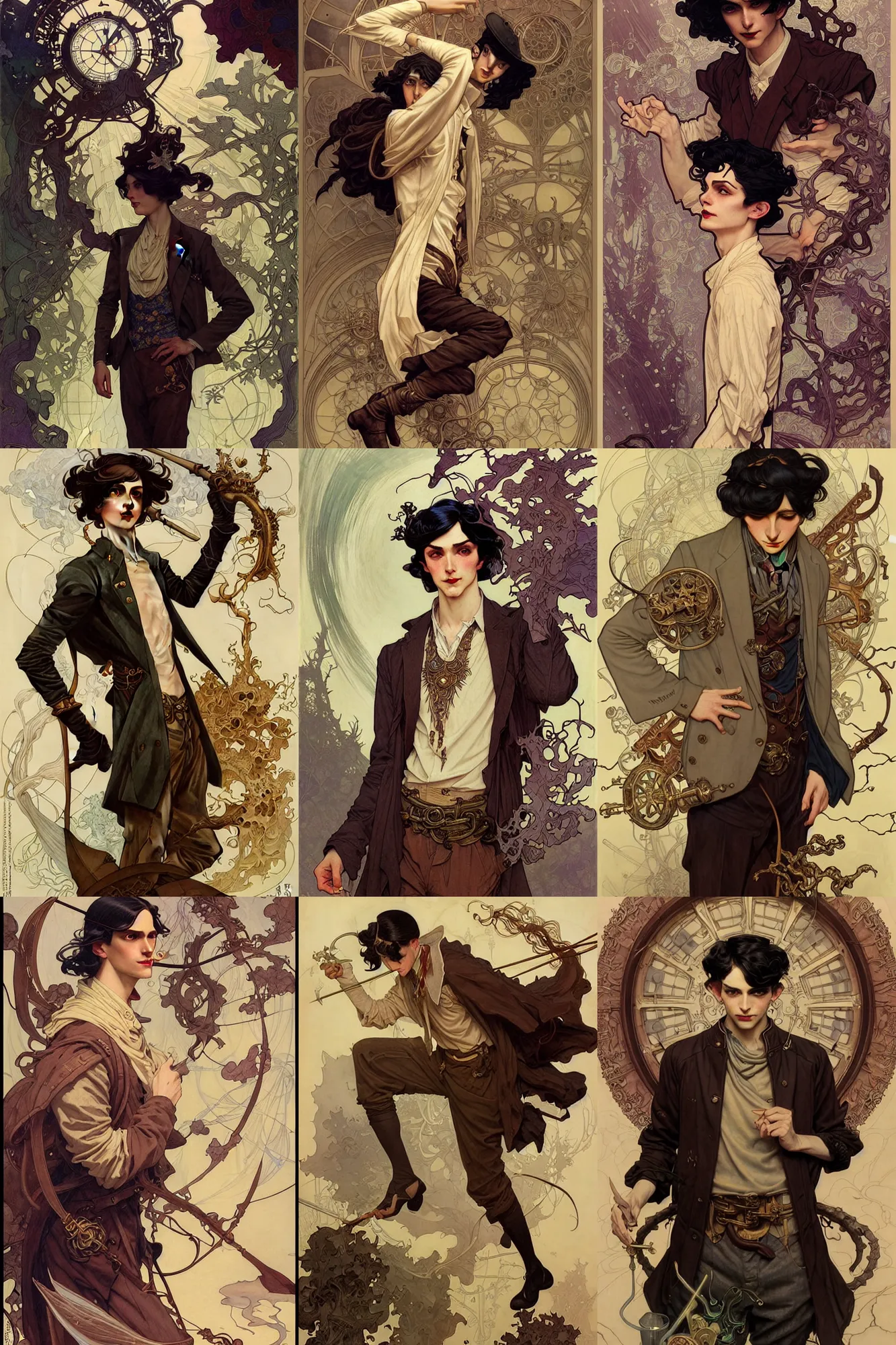 Image similar to thin young male alchemist, long dark hair, 1 9 2 0 s fashion, fantasy, highly detailed, intricate, smooth, art by joseph leyendecker, peter mohrbacher, ruan jia, marc simonetti, ayami kojima, cedric peyravernay, alphonse mucha, victo ngai