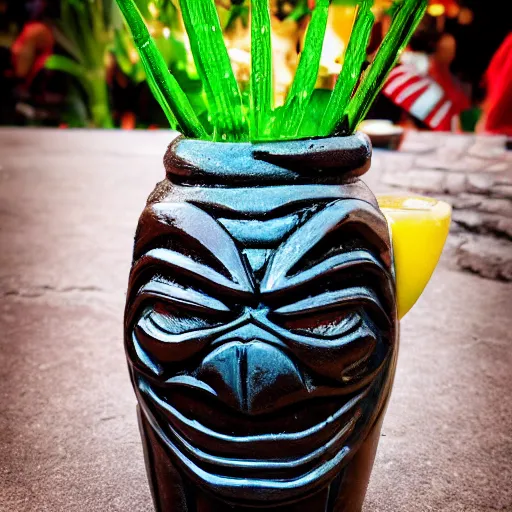 Image similar to a closeup photorealistic capture of glossy spider man style tiki mug at an outdoor trader vic's bar featuring the face of spider man. tiki theme. bright scene. fine detail. this 4 k hd image is trending on artstation, featured on behance, well - rendered, extra crisp, features intricate detail, epic composition and the style of unreal engine.