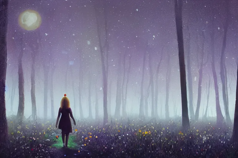 Image similar to giant daisy flower head, girl walking in a moonlit forest, hills, surreal photography, dark night, star trails, dramatic light, impressionist painting, clouds, digital painting, artstation, simon stalenhag