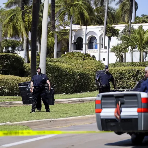 Image similar to mar-a-lago, FBI agents carrying boxes of evidence, police tape, high detail