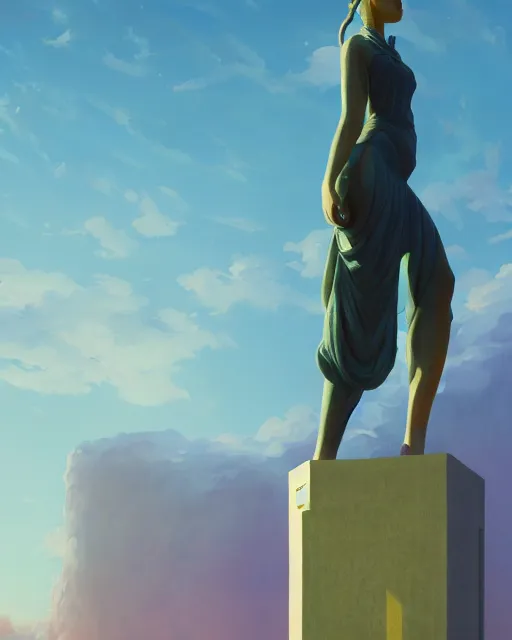 Image similar to a painting of a woman standing in front of a statue, a screenshot by stanley twardowicz, cgsociety, aestheticism, aesthetic, vaporwave, anime aesthetic