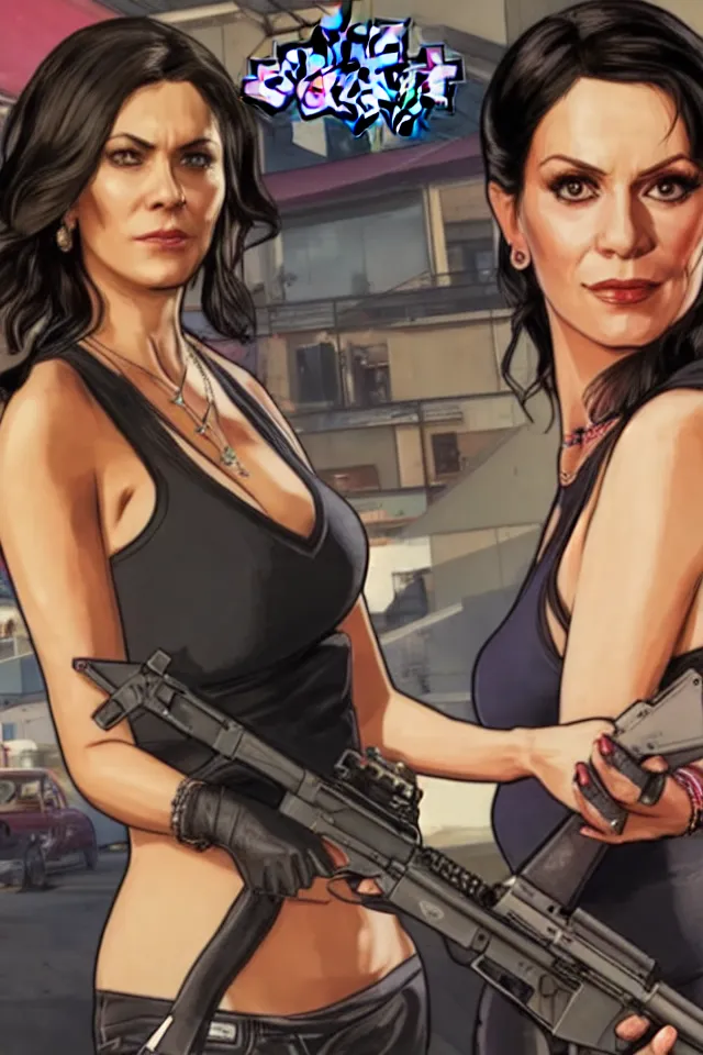 Image similar to A GTA 5 game loading screen featuring Monica Belluci