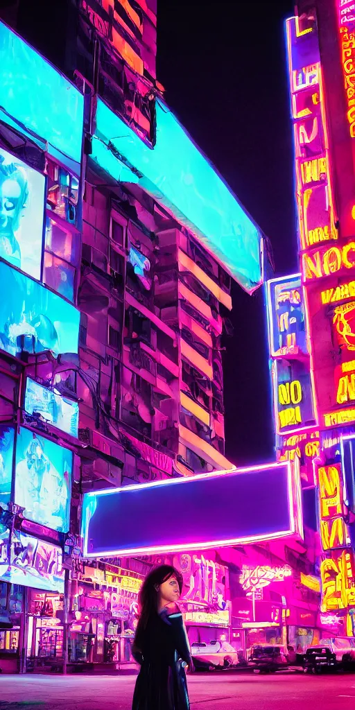 Prompt: 8 0 s neon movie scene. a girl stands alone on a sidewalk. the girl is looking up at a large billboard, hyper realism, rack focus, close establishing shot, neon lights illuminate her face, soft dramatic lighting, 4 k digital camera