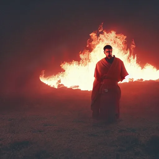 Image similar to cinematic film still J Cole starring as a Samurai holding fire, Japanese CGI, VFX, 2022, 40mm lens, shallow depth of field,film photography