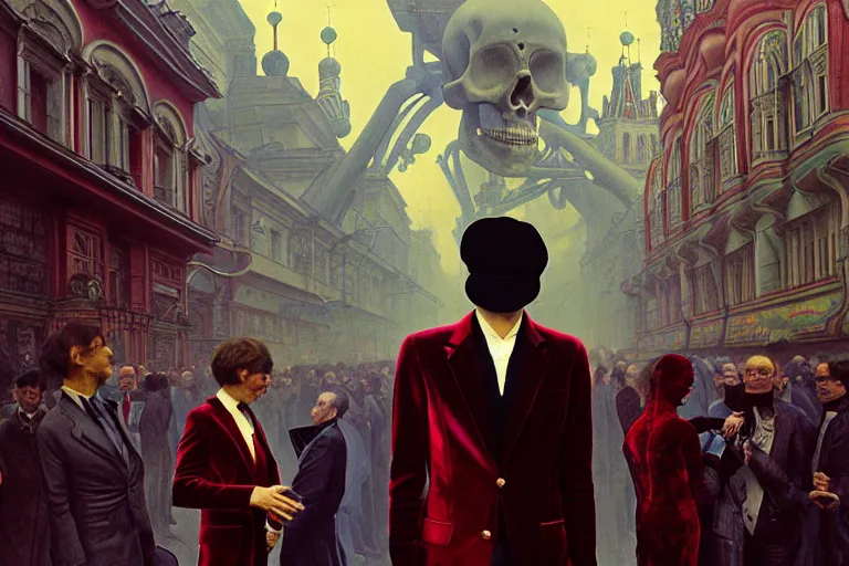 Image similar to realistic detailed photorealistic film portrait shot of a single skeleton wearing crimson velvet blazer in a crowded futuristic moscow street by Denis Villeneuve, Amano, Yves Tanguy, Alphonse Mucha, Ernst Haeckel, Andrei Tarkovsky, Edward Robert Hughes, Roger Dean, rich moody colours, slime, wide angle, blue eyes