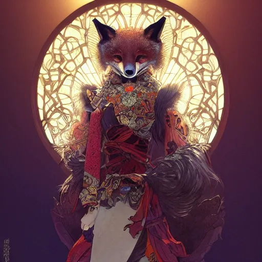 Prompt: a Photorealistic dramatic fantasy render of a beautiful woman wearing a beautiful intricately detailed Japanese Fox Kitsune mask and costume by WLOP,Artgerm,Greg Rutkowski,Alphonse Mucha, Beautiful dynamic dramatic dark moody lighting,shadows,cinematic atmosphere,Artstation,concept design art,Octane render,8K