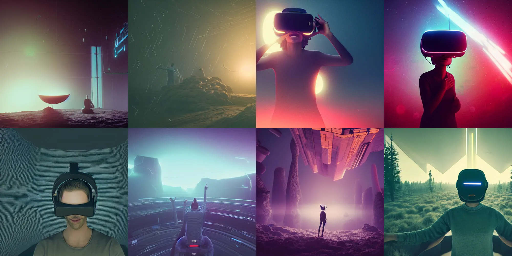 Image similar to beautiful dark landscape, person screaming wearing virtual reality, in the style of beeple and Mike Winkelmann, intricate, epic lighting, cinematic composition, hyper realistic, 8k resolution, unreal engine 5,