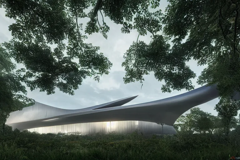 Prompt: a stunningly detailed arts center designed by Zaha Hadid, surrounded by lush green forest, stunning volumetric lighting, sunset, metal, concrete, glass, stunning skies, trending on Artstation, 8k, photorealistic, hyper detailed, unreal engine 5, IMAX quality, cinematic, epic lighting, in the style of Greg Rutkowski