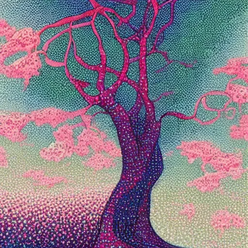 Prompt: introspective meandering, trending on artstation, vibrant gouache fantasy illustration, (ExploringMemories:Adrift on a river of dreams which memory refuses to forgot, willow branches dance softly over stream in spring breeze) | art nouveau, pointillism, romanticism