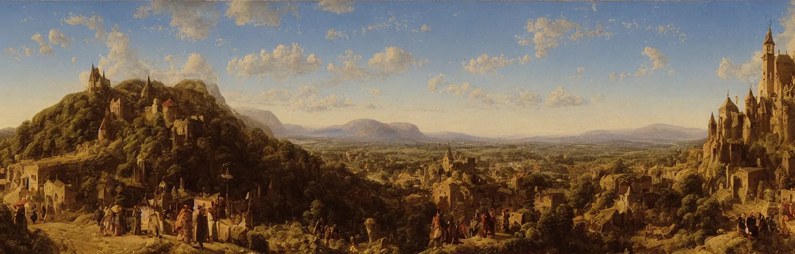 Image similar to a painting of a medieval town on top of a mountain, a matte painting by Charles Cundall,hudson river school,flemish school, matte painting, rococo, detailed painting