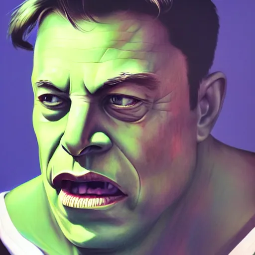 Prompt: elon musk as the incredible hulk, trending on artstation, ultra realistic, portrait, only head and shoulders, fine detail, intricate hair, fine textures, soft shadows, hdr, digital art