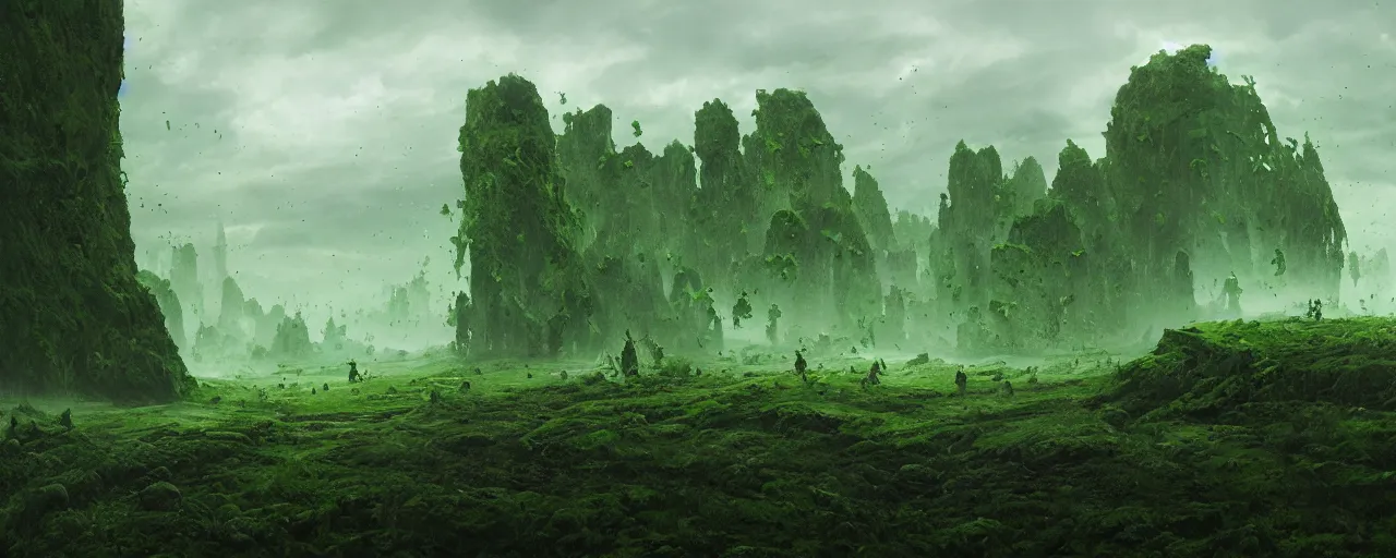 Image similar to landscape covered in green slime and goo, [ cinematic, detailed, epic, widescreen, opening, establishing, mattepainting, photorealistic, 4 k, octane render, art by greg rutkowski ]