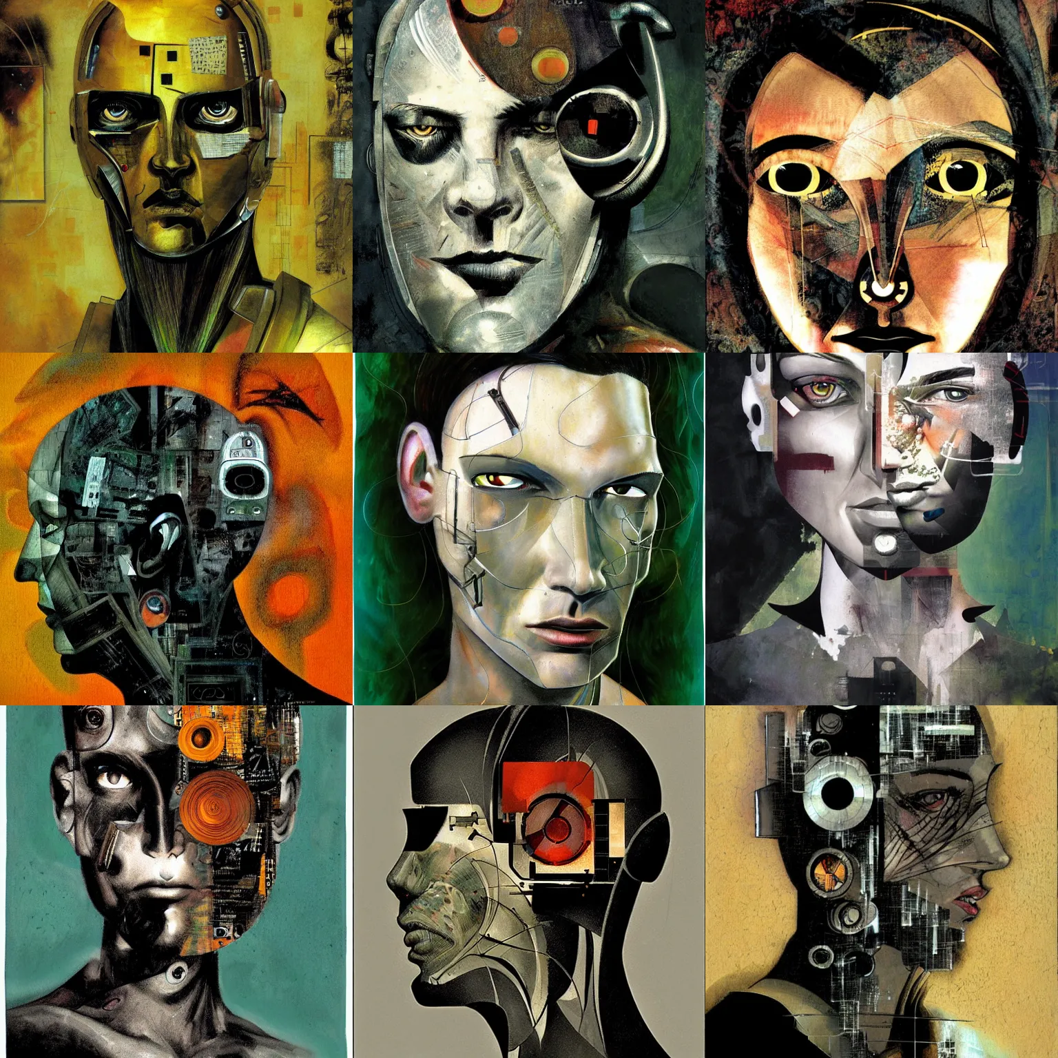 Prompt: cyborg portrait, by dave mckean