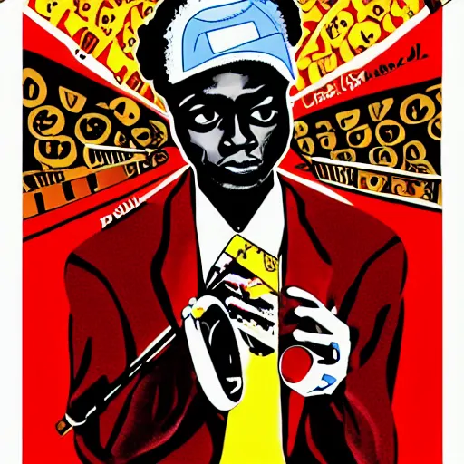 Image similar to miles davis in the style of daniel johnston and ghanian film poster, 4k